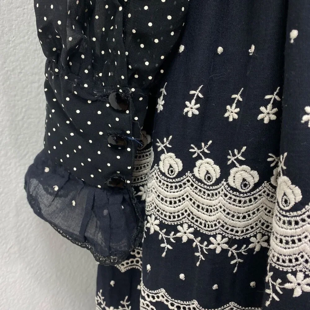 Vtg Black White Embroidered Dress XL Polka Dots Button Front Long Sleeves Boho